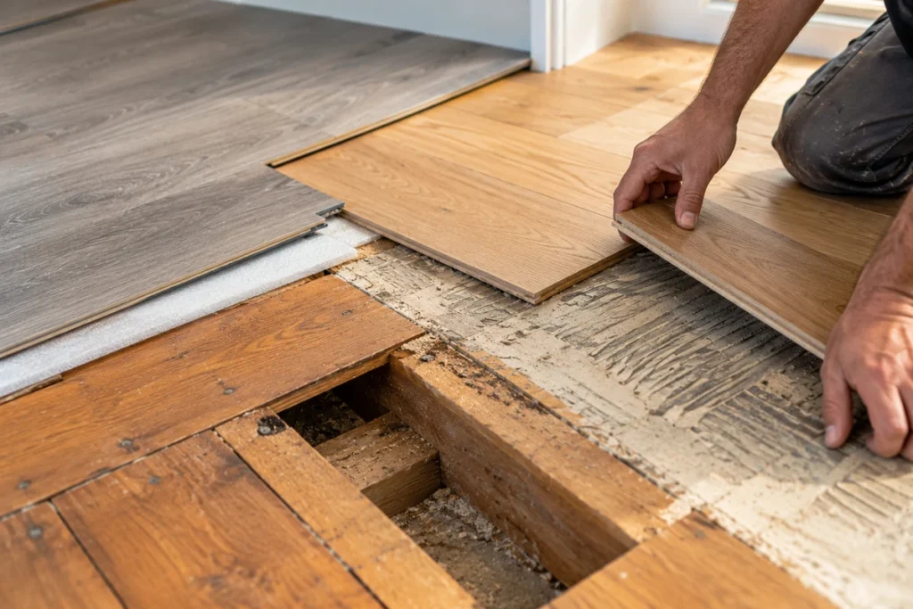 Worker inspecting different wood and laminate flooring types to identify installation methods before removing floorboards