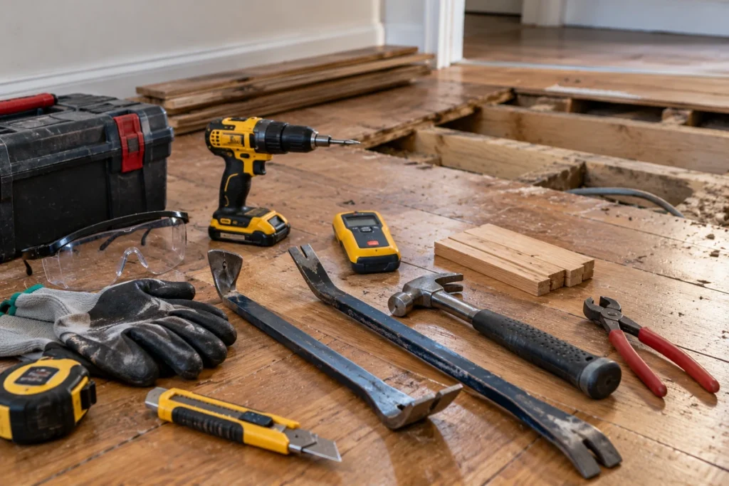 Essential floorboard removal tools, including pry bars, hammer, drill, safety gloves, goggles, and cable detector