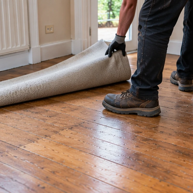 Worker rolling up a rug to clear the wooden floor and prepare the room for safe floorboard removal