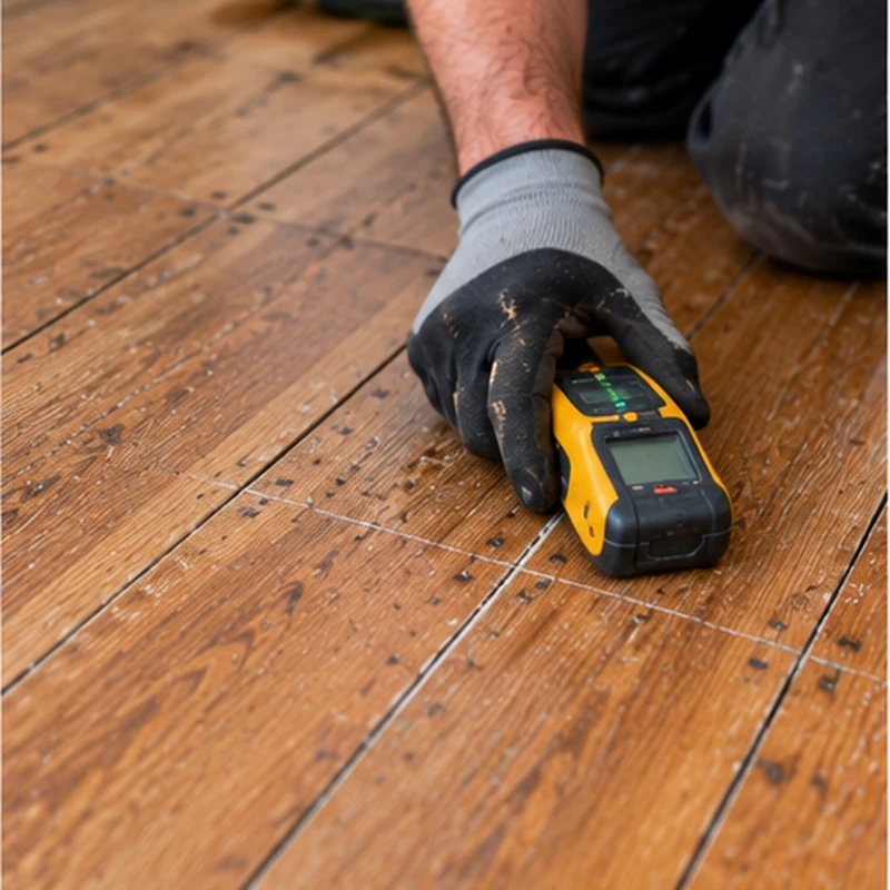 Worker using a handheld detector to locate concealed fixings and timber joists beneath old wooden floorboards