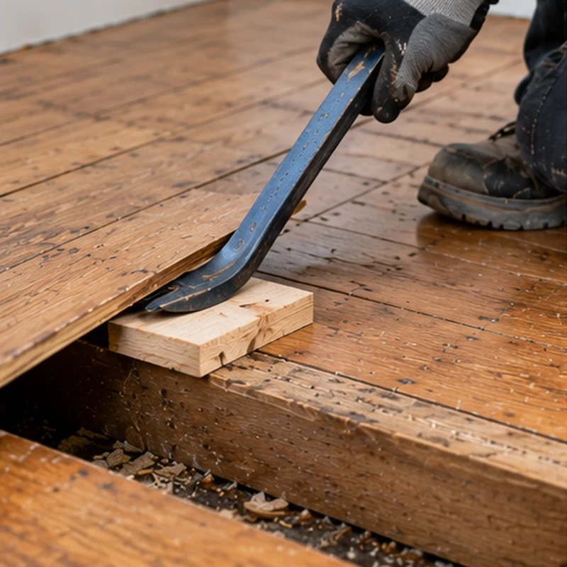 Worker using a pry bar and wooden support block to carefully lift nailed floorboards without damaging surrounding wood