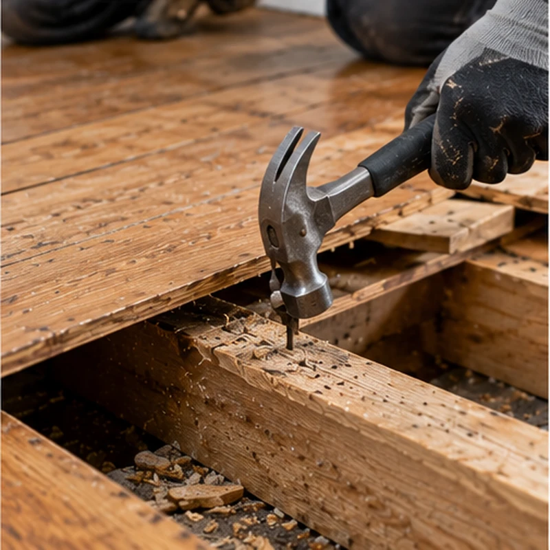 Worker using a claw hammer to release nails from old wooden floorboards during floor removal