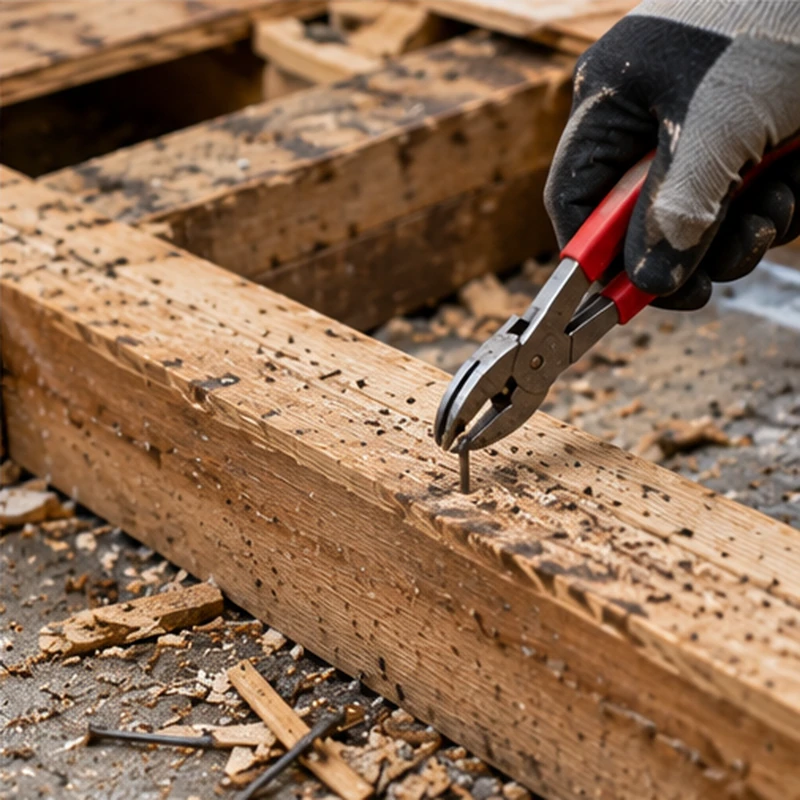 Worker removing exposed nails from timber floor joists with pliers after lifting wooden floorboards