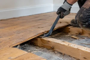Worker using a pry bar to remove wooden floorboards, exposing timber joists and the subfloor during floor renovation