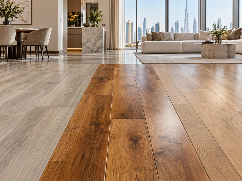 Vinyl, solid hardwood, and engineered wood flooring compared in a modern Dubai apartment