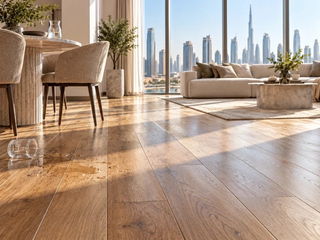 Wood flooring exposed to strong sunlight and a small water spill in a Dubai home