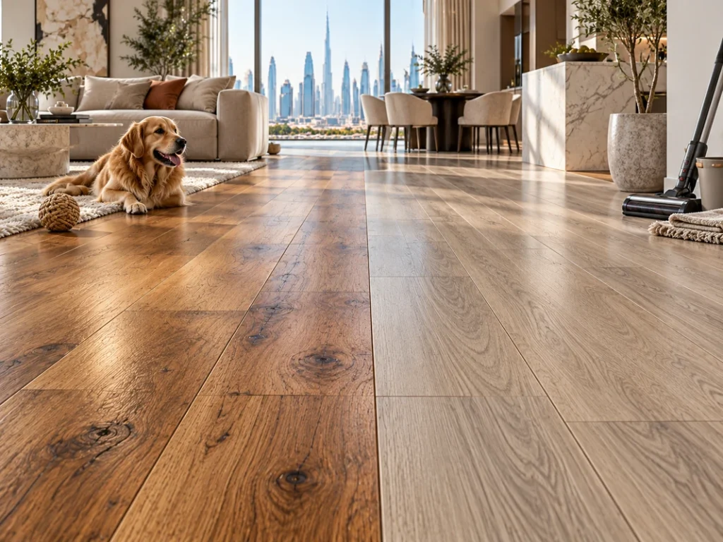 Pet-friendly wood and vinyl flooring in a high-traffic Dubai living space