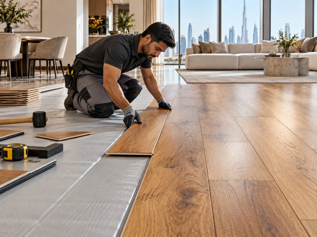 Professional installer fitting wood flooring in a modern UAE apartment