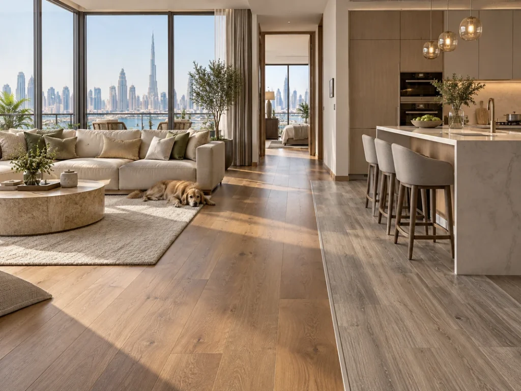 Different flooring options used across living, kitchen, and bedroom areas in a Dubai home