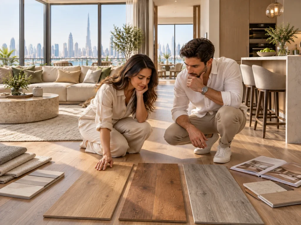 Homeowners comparing vinyl and wood flooring samples in a Dubai apartment