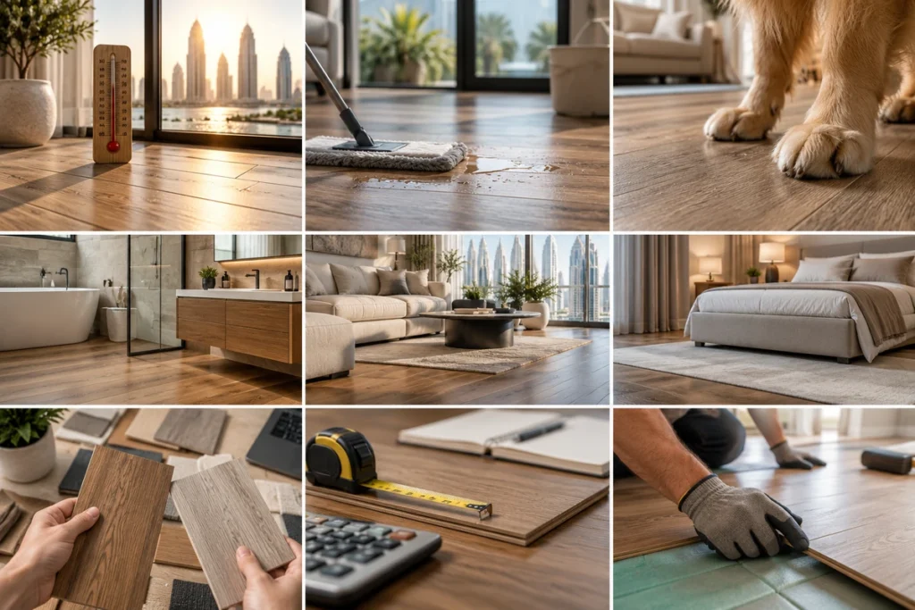 1. Flooring comparison collage showing moisture, pets, rooms, samples, costs, and installation
