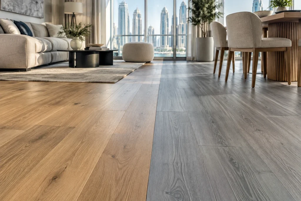 Luxury vinyl vs wood flooring in a modern Dubai home interior