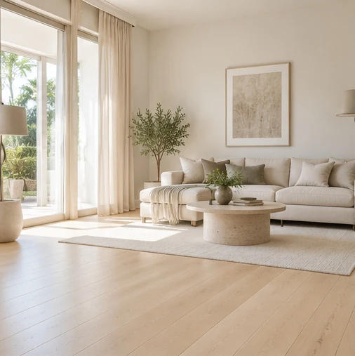 Bright modern living room with light oak wood flooring, soft greige walls, cream furniture, and natural sunlight