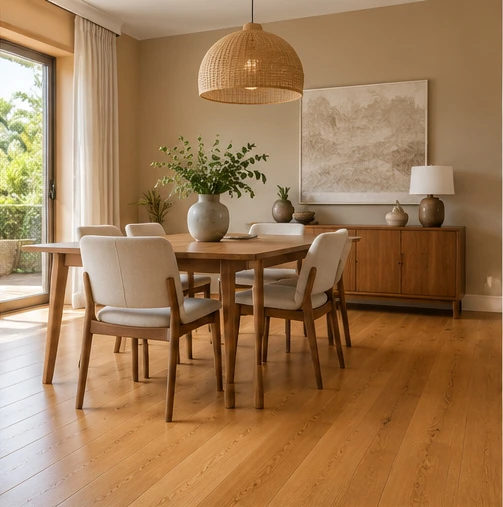 Warm contemporary living room featuring natural honey oak flooring, beige walls, neutral furniture, and wooden accents