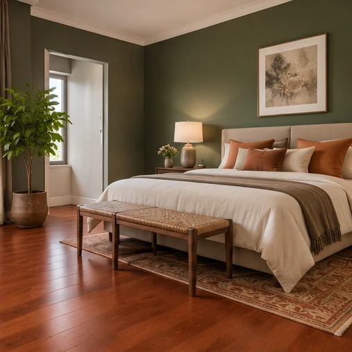 Elegant interior featuring reddish cherry wood flooring paired with muted sage green walls and warm neutral furniture