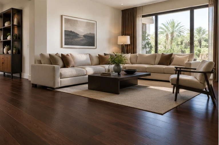 Sophisticated living room with dark walnut wood floors, warm off-white walls, and elegant contemporary furniture