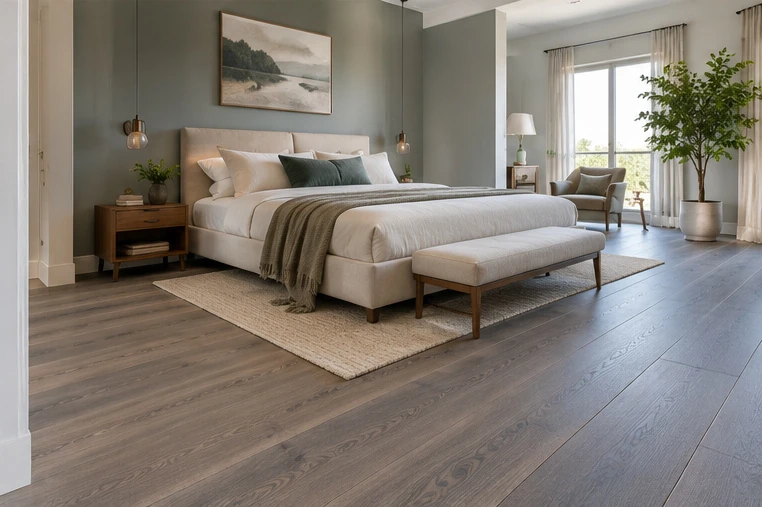 Modern bedroom featuring cool gray oak flooring, muted sage walls, soft neutral textiles, and natural daylight
