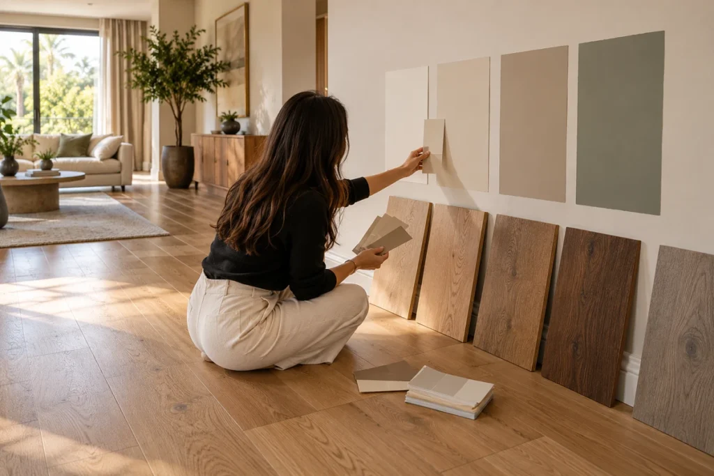 Interior designer comparing neutral wall paint samples with different wood flooring finishes to find matching undertones