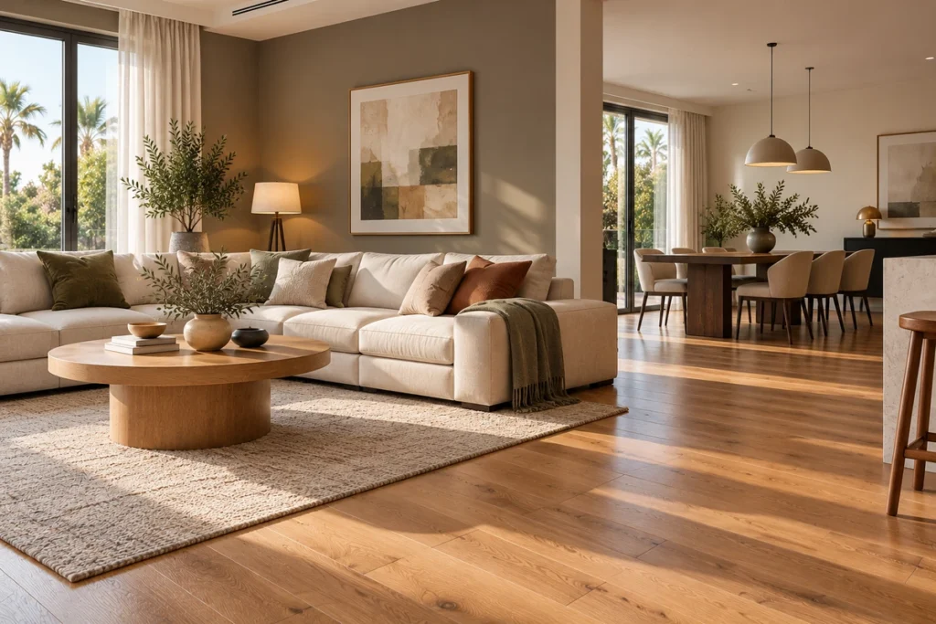 Modern open-plan living and dining room showcasing warm wood flooring, taupe walls, and coordinated neutral furniture