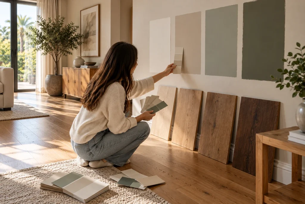 Woman testing wall paint color samples against wood flooring planks in a naturally lit modern living room