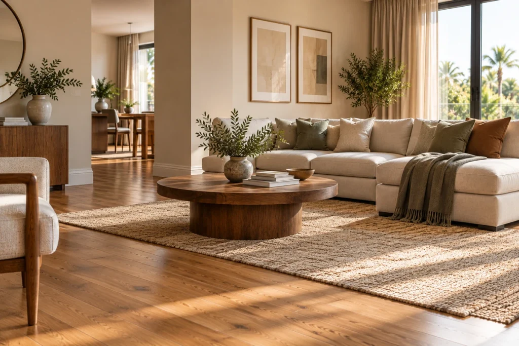 Bright contemporary living room featuring warm oak wood floors, soft beige walls, cream furniture, and natural wood accents