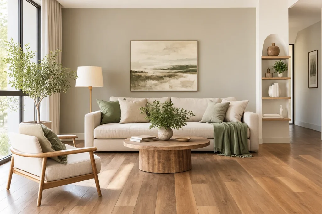 Modern living room with warm wood floors, soft greige walls, neutral furniture, and natural light, showcasing wall colors for wood floors