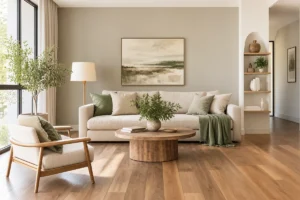 Modern living room with warm wood floors, soft greige walls, neutral furniture, and natural light, showcasing wall colors for wood floors